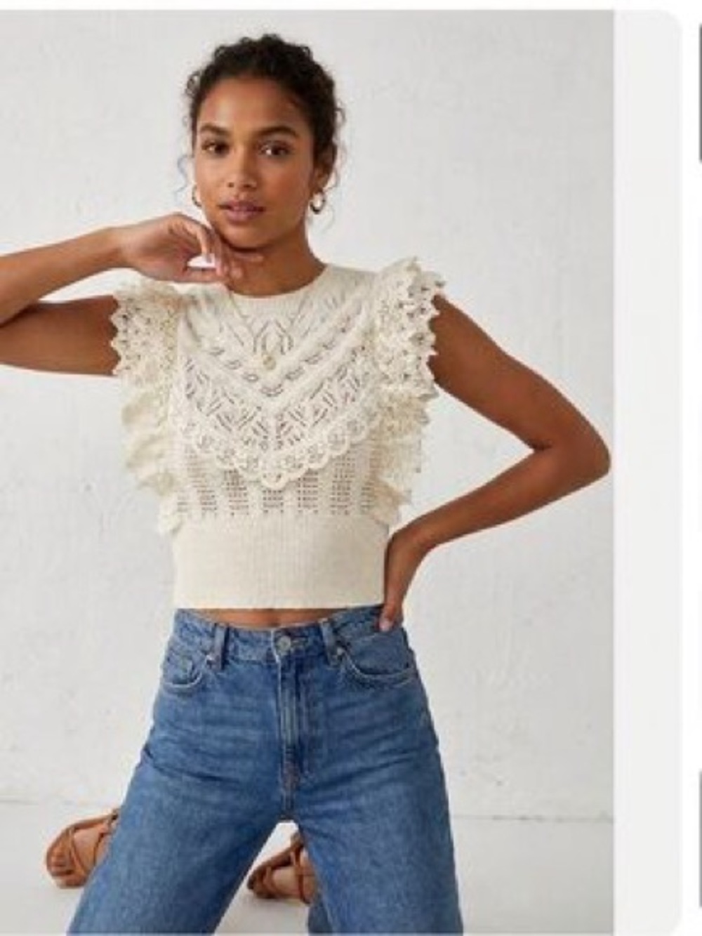 Zara Cream Lace Ruffle Knit Crop Top
